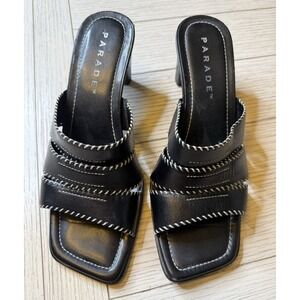 Parade VTG  Blk Leather Slip On Wide 3"‎ Heel  Mule Sandal W Contrast Stitch 7.5